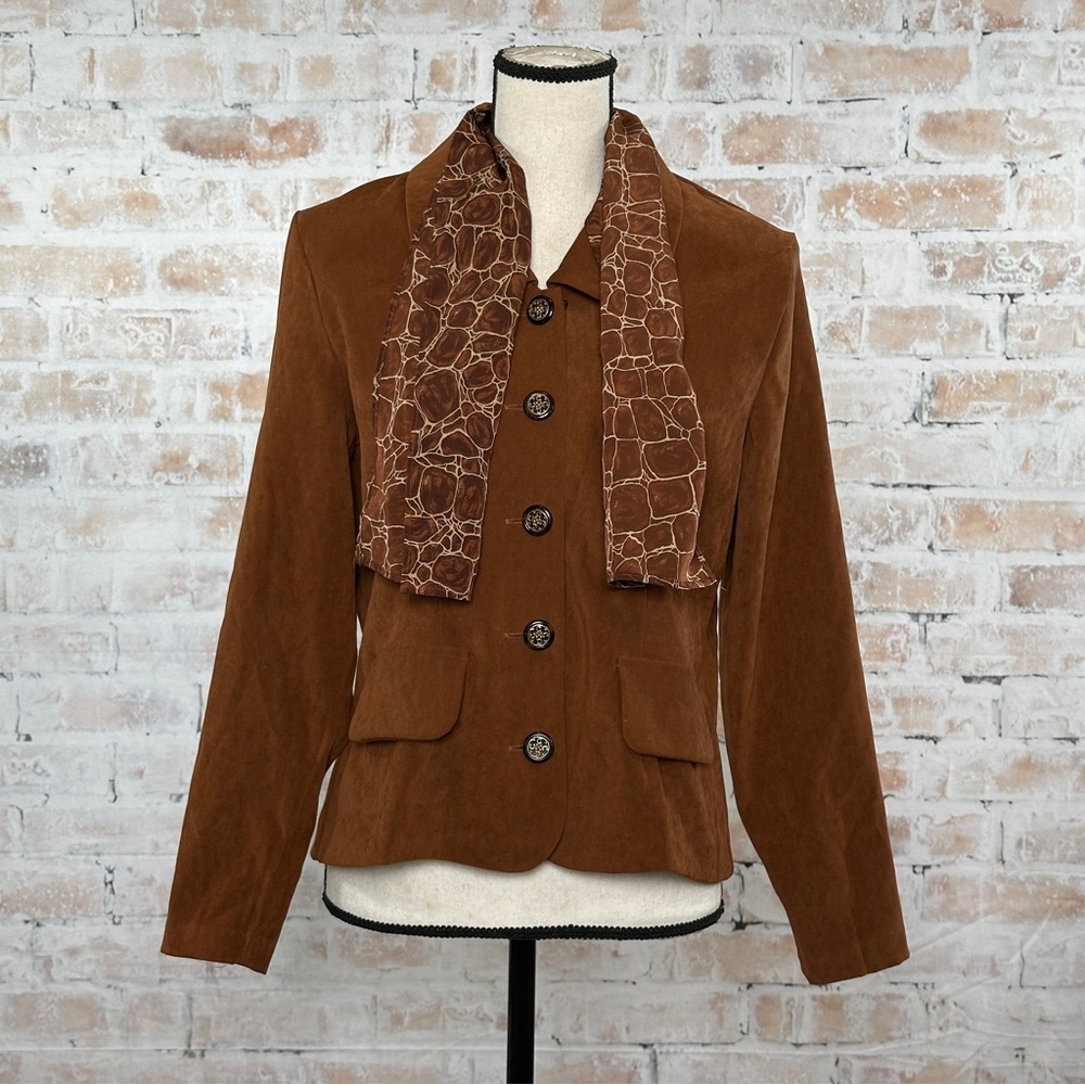 True Vintage 80s Button Up Long Sleeve Blouse with Built-In Giraffe Print Scarf